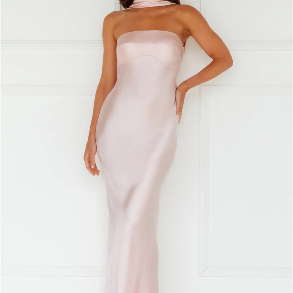 Strapless Satin Column Maxi Dress in pearl Blush Pink